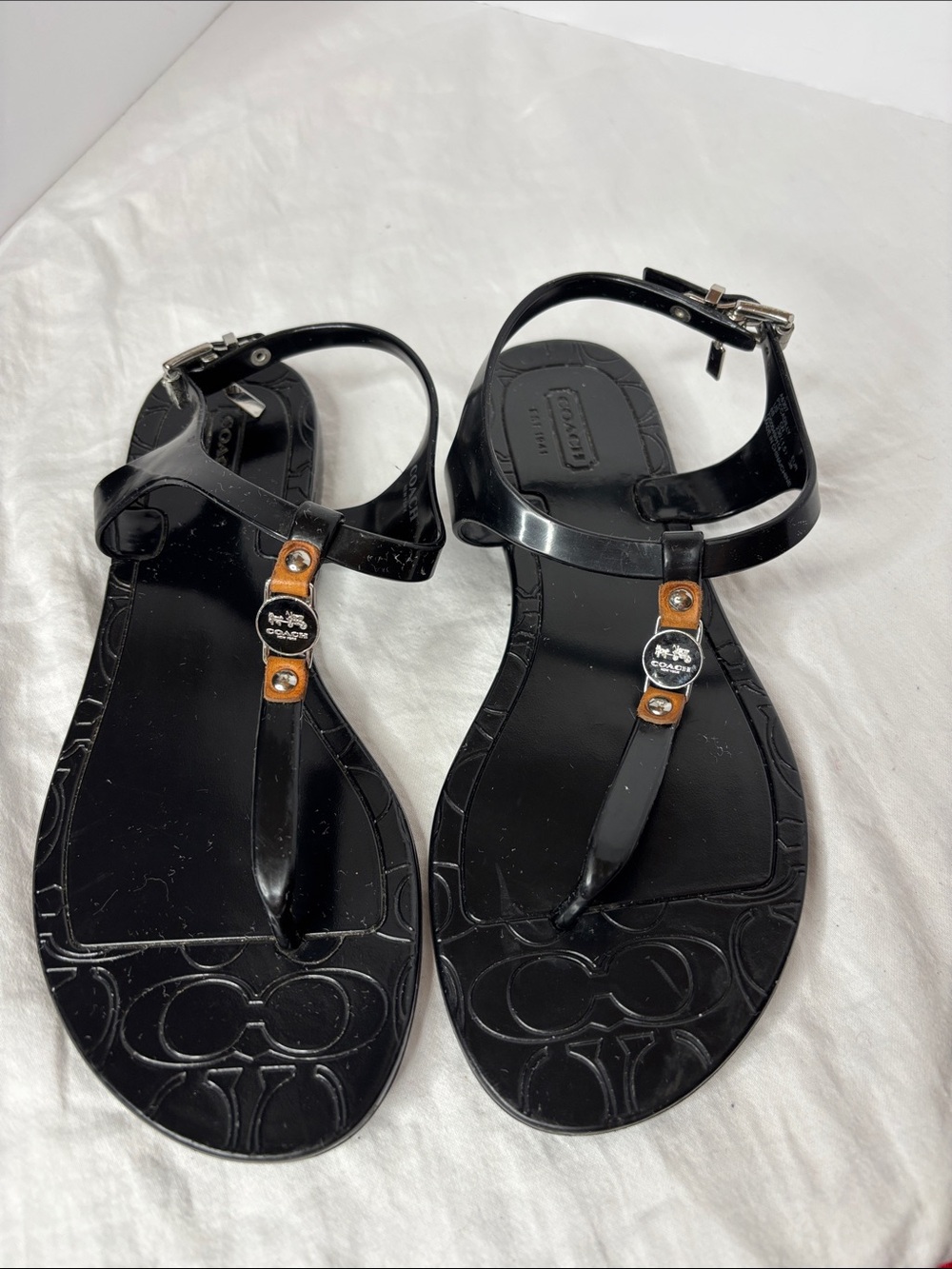 Coach Piccadilly Black Jelly Thong Sandals Signature Logo Charm